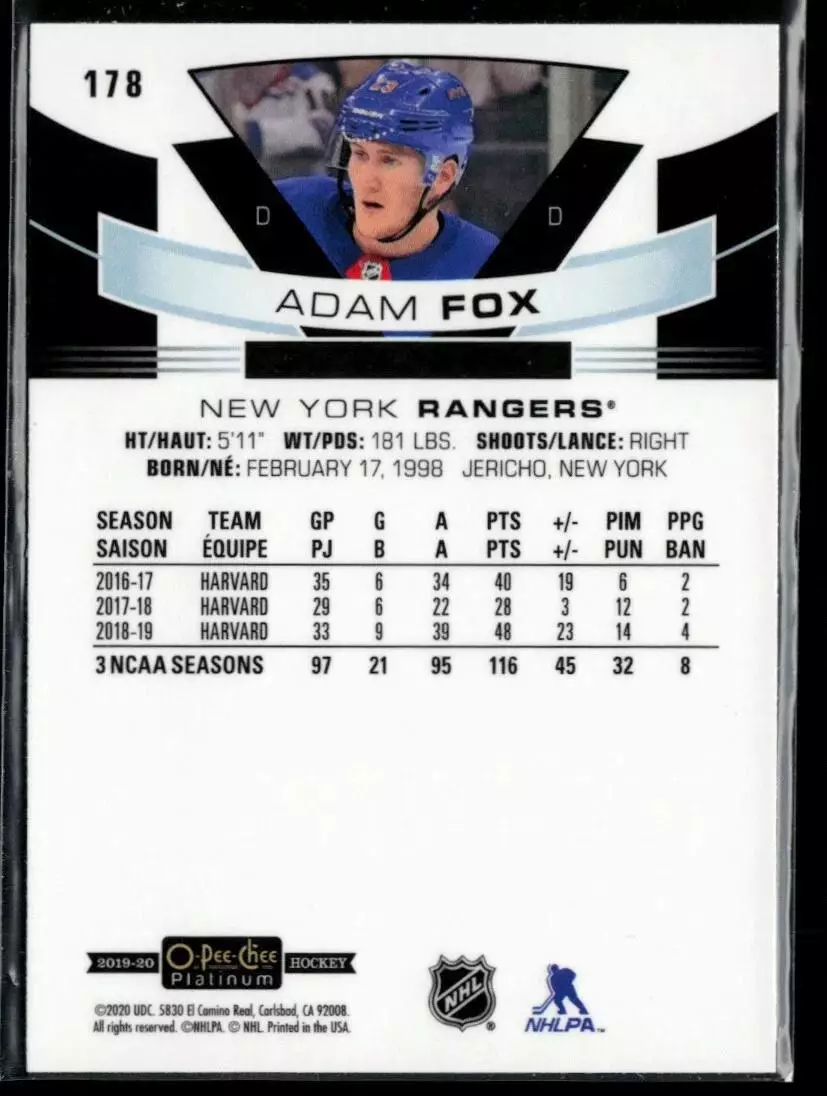 2019-20 O-Pee-Chee Platinum #178 Adam Fox RC 1