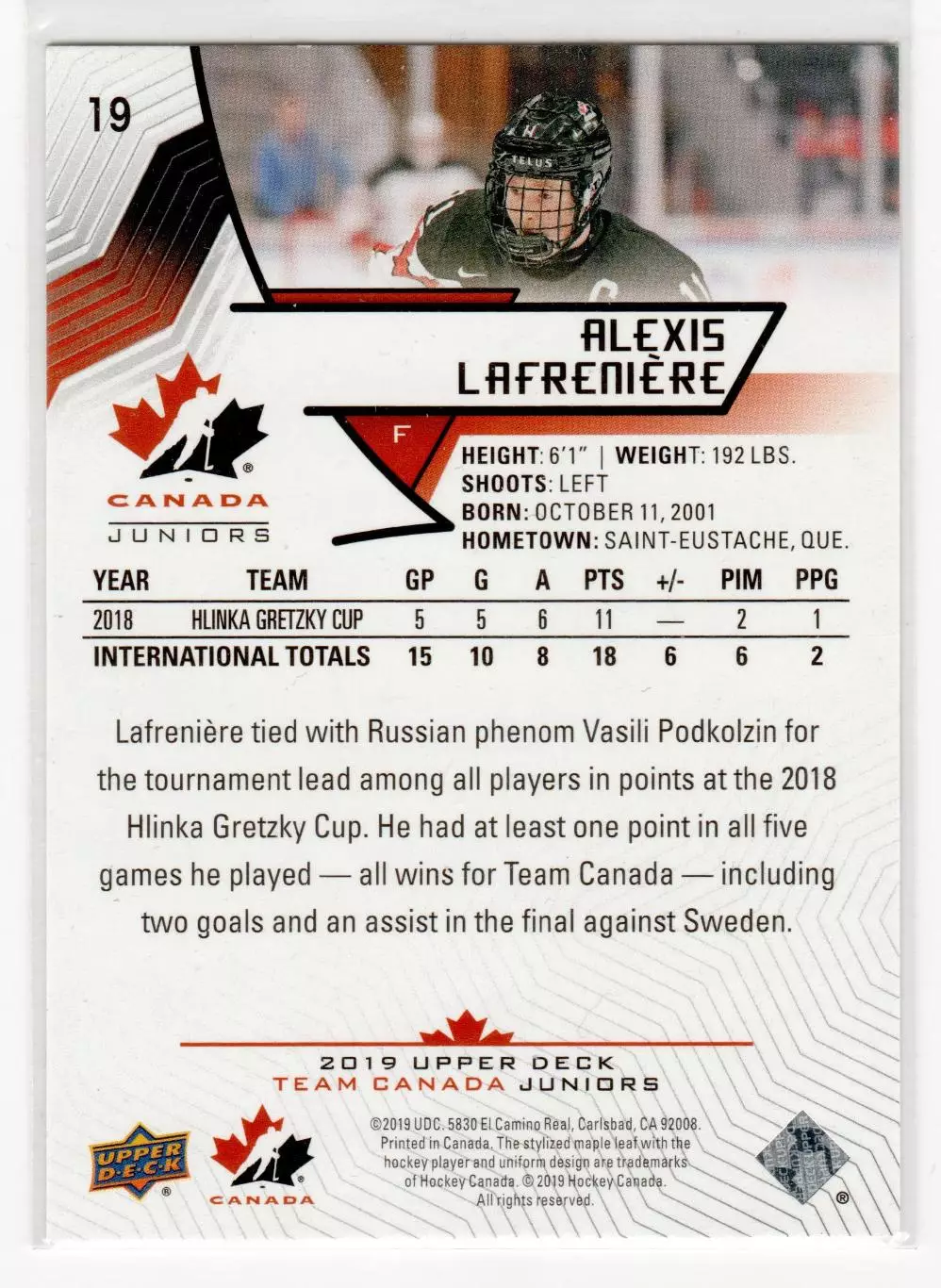 2018-19 Upper Deck Team Canada Juniors #25 Alexis Lafreniere 1