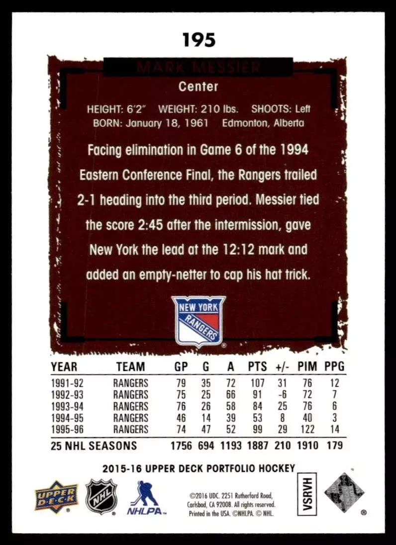 2015-16 Upper Deck Portfolio #195 Mark Messier 1