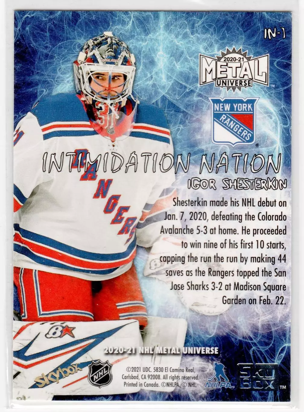 2020-21 Metal Universe Intimidation Nation #IN1 Igor Shesterkin 1
