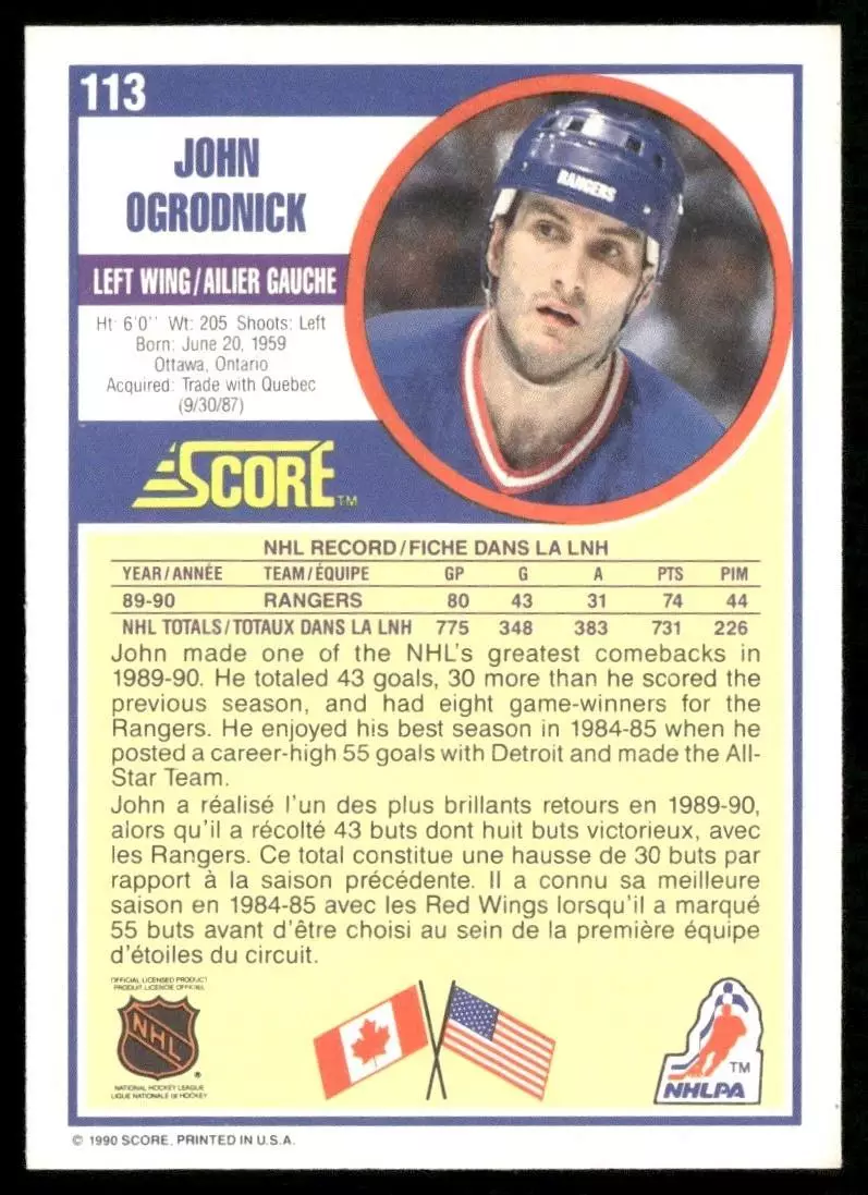 1990-91 Score #113 John Ogrodnick 1