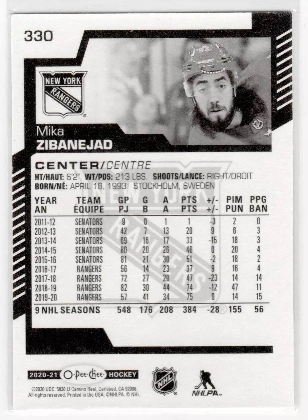 2020-21 O-Pee-Chee #330 Mika Zibanejad 1