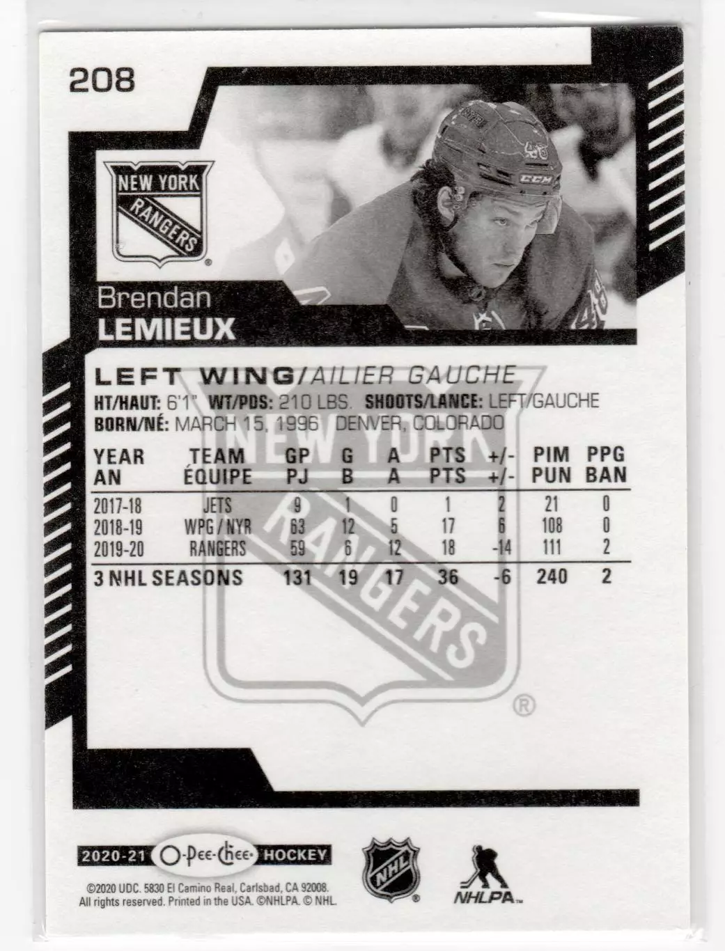 2020-21 O-Pee-Chee #208 Brendan Lemieux 1