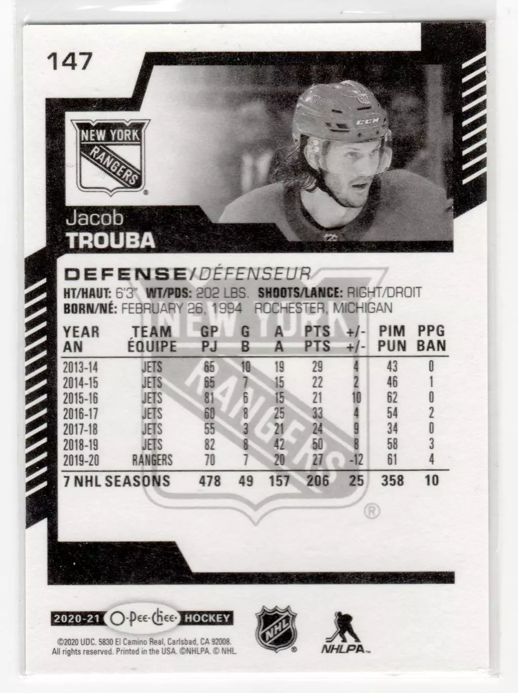 2020-21 O-Pee-Chee #147 Jacob Trouba 1