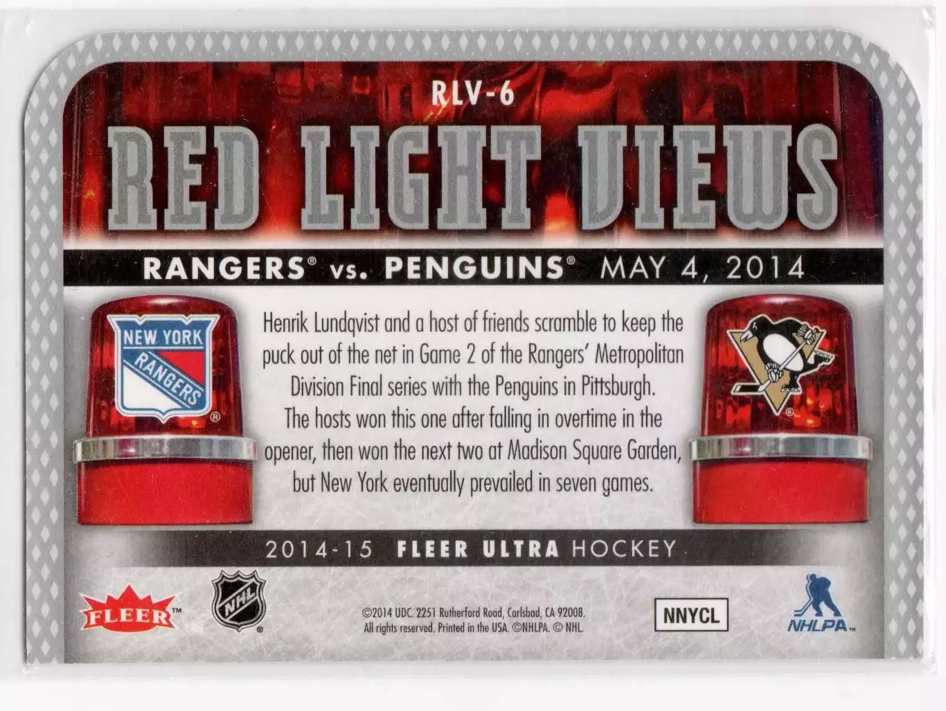 2014-15 Ultra Red Light Views #RLV6 New York Rangers vs./Pittsburgh Penguins 1
