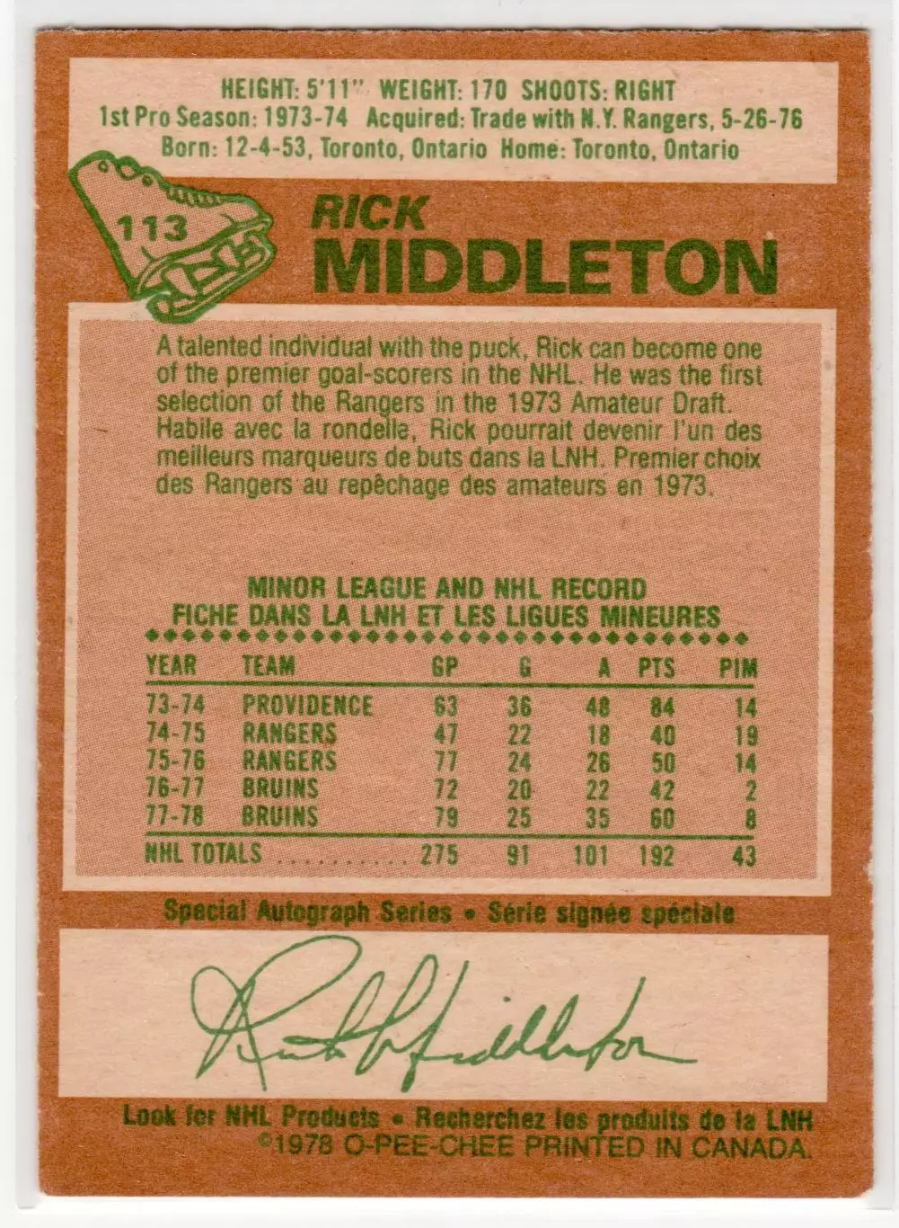 1978-79 O-Pee-Chee #113 Rick Middleton 1