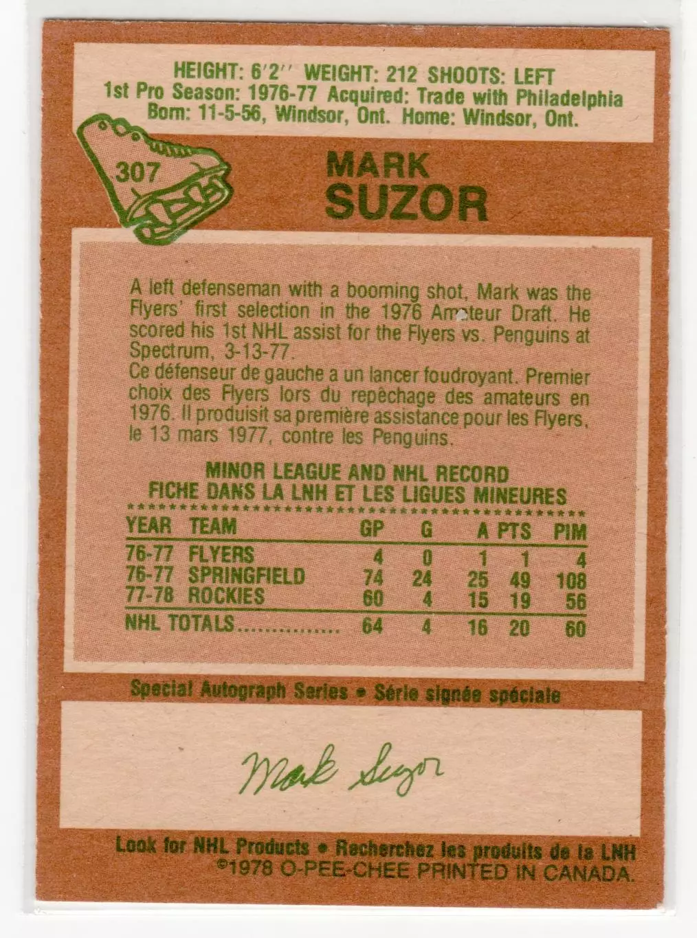 1978-79 O-Pee-Chee #307 Mark Suzor RC 1