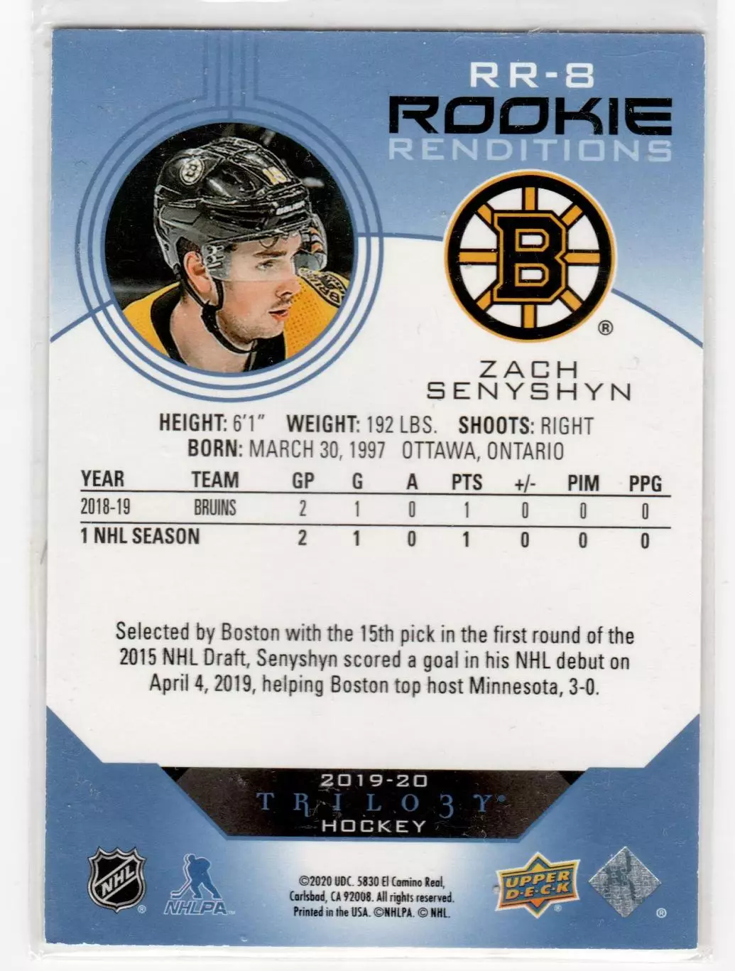 2019-20 Upper Deck Trilogy Rookie Renditions Blue #RR8 Zach Senyshyn 240\399 1
