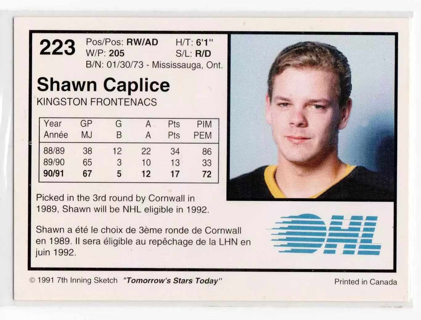 1991-92 7th Inning Sketch OHL #223 Shawn Caplice 1