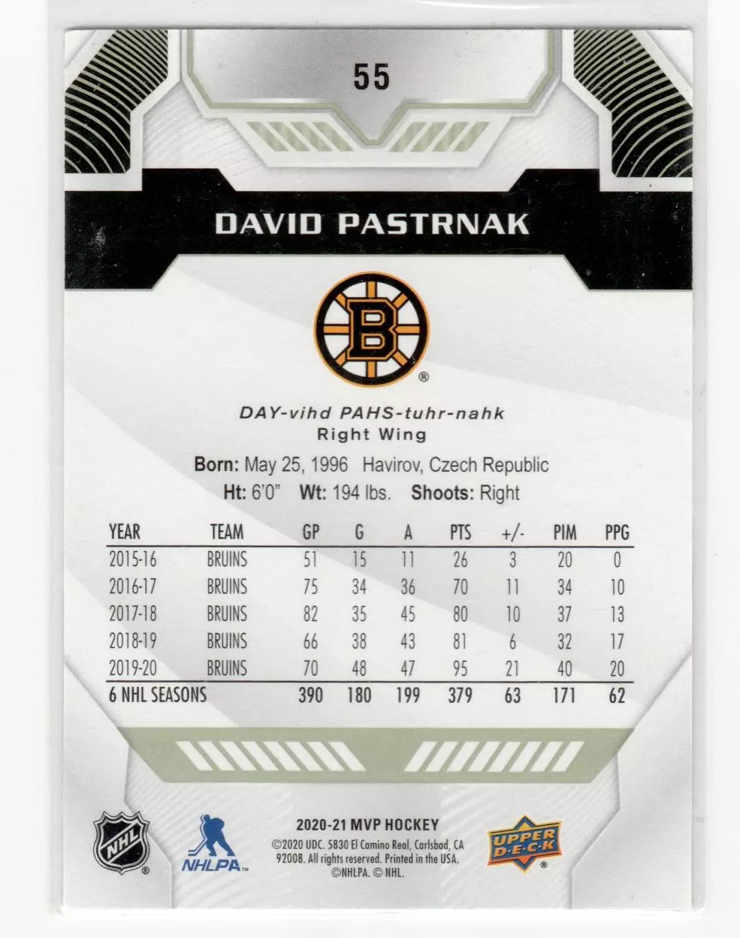 2020-21 Upper Deck MVP #55 David Pastrnak 1
