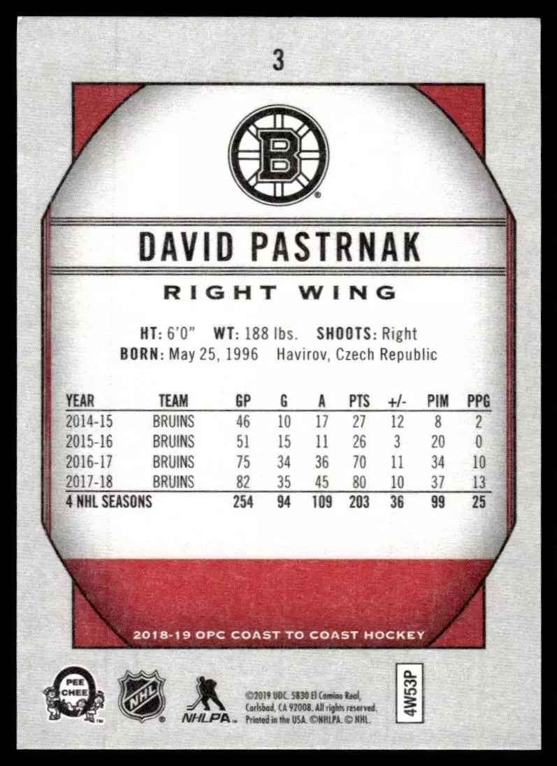 2018-19 O-Pee-Chee Coast to Coast #3 David Pastrnak 1
