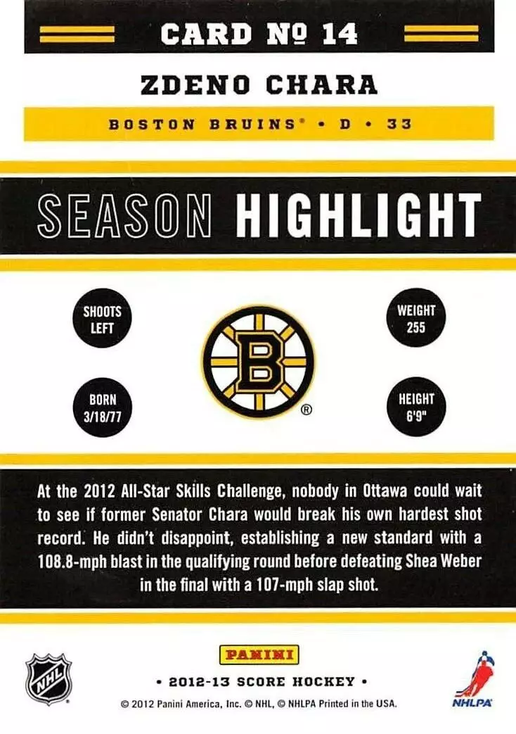 2012-13 Score Gold Rush #14 Zdeno Chara SH 1
