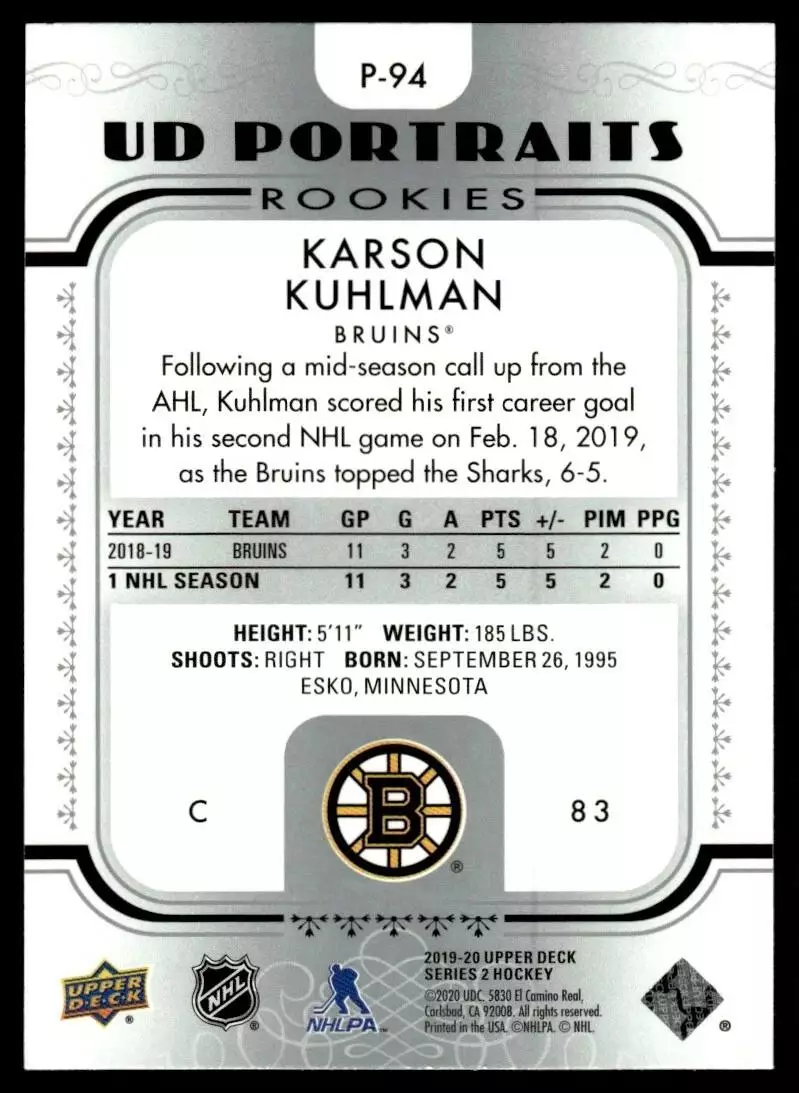 2019-20 Upper Deck UD Portraits #P94 Karson Kuhlman 1