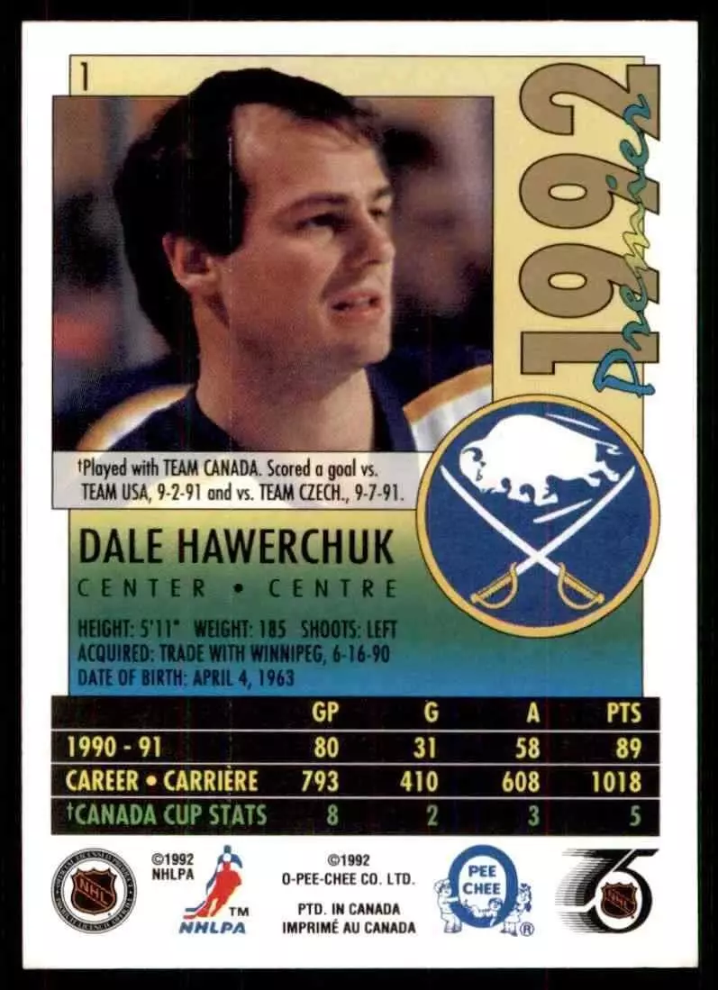 1991-92 OPC Premier #1 Dale Hawerchuk 1