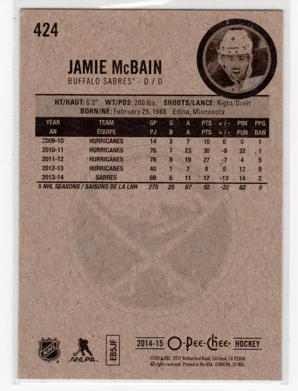 2014-15 O-Pee-Chee #424 Jamie McBain 1