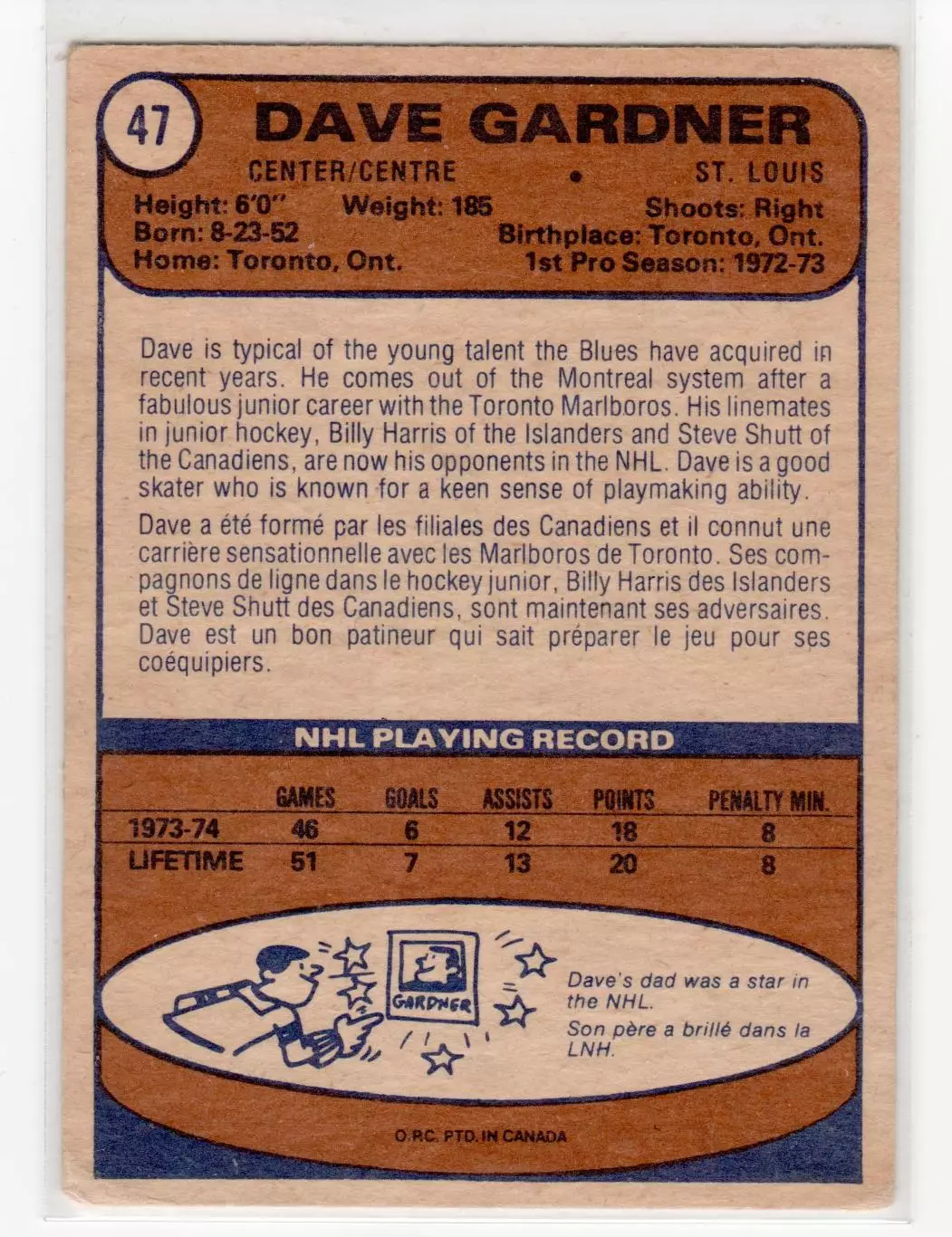 1974-75 O-Pee-Chee #47 Dave Gardner RC 1