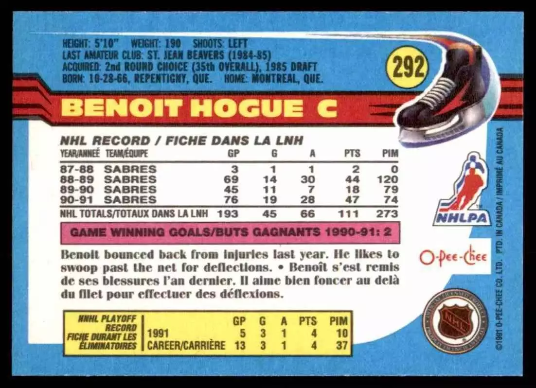 1991-92 O-Pee-Chee #292 Benoit Hogue 1