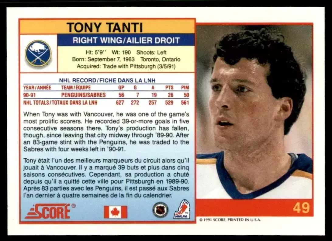 1991-92 Score Canadian Bilingual #49 Tony Tanti 1