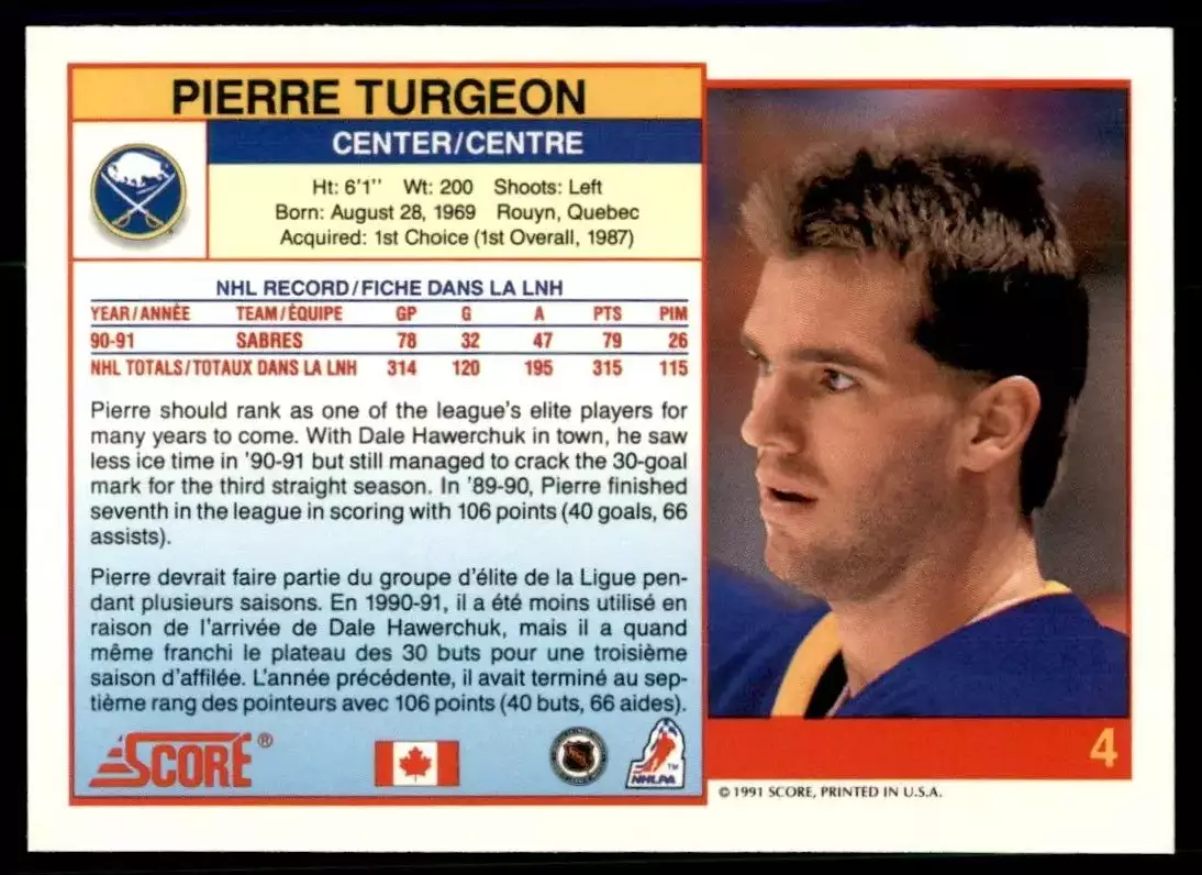 1991-92 Score Canadian Bilingual #4 Pierre Turgeon 1
