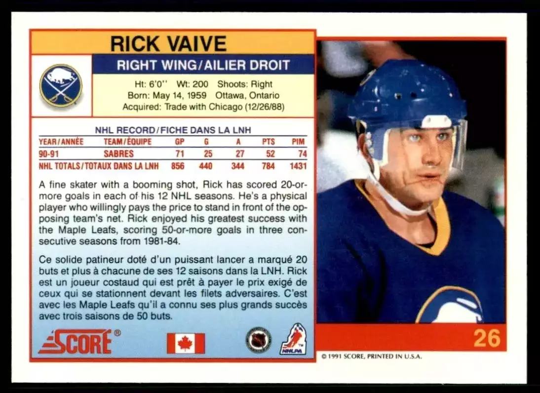 1991-92 Score Canadian Bilingual #26 Rick Vaive 1