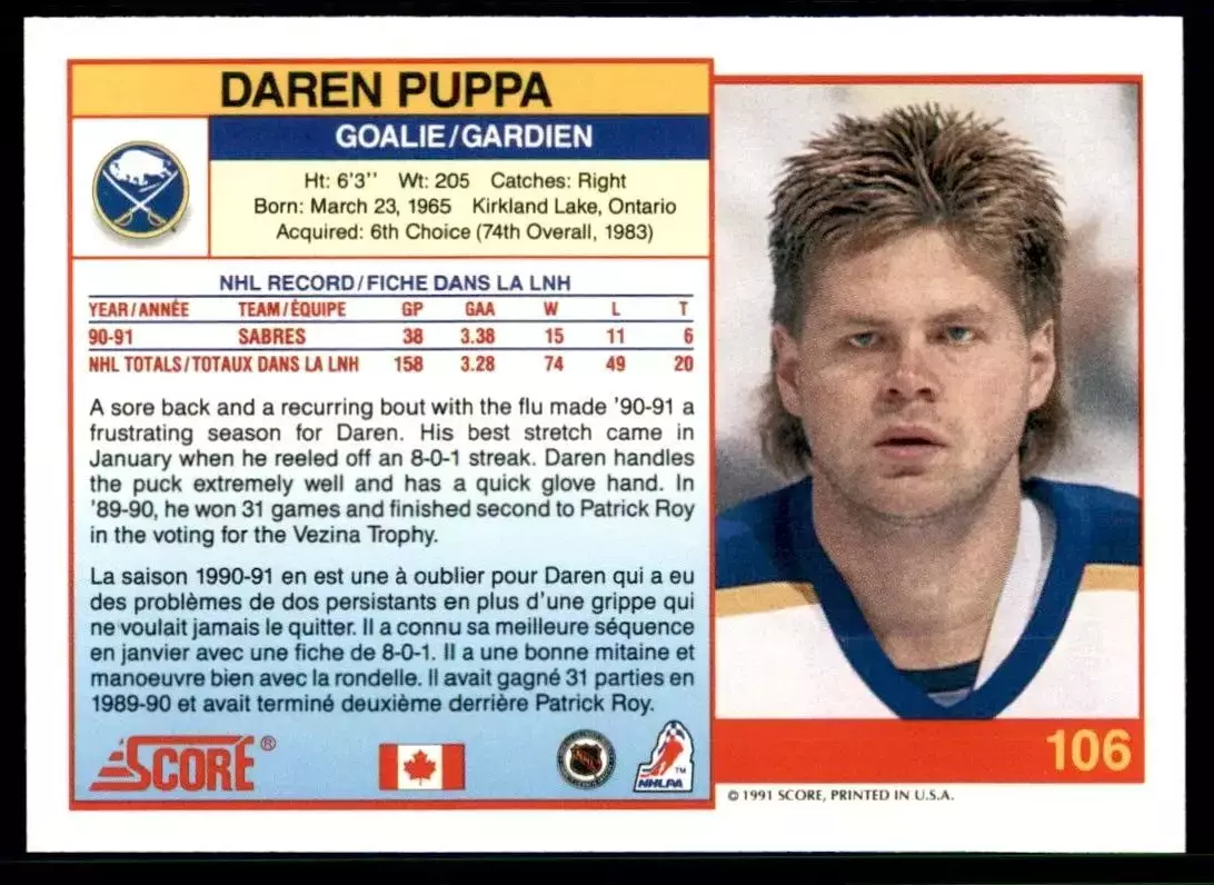 1991-92 Score Canadian Bilingual #106 Daren Puppa 1