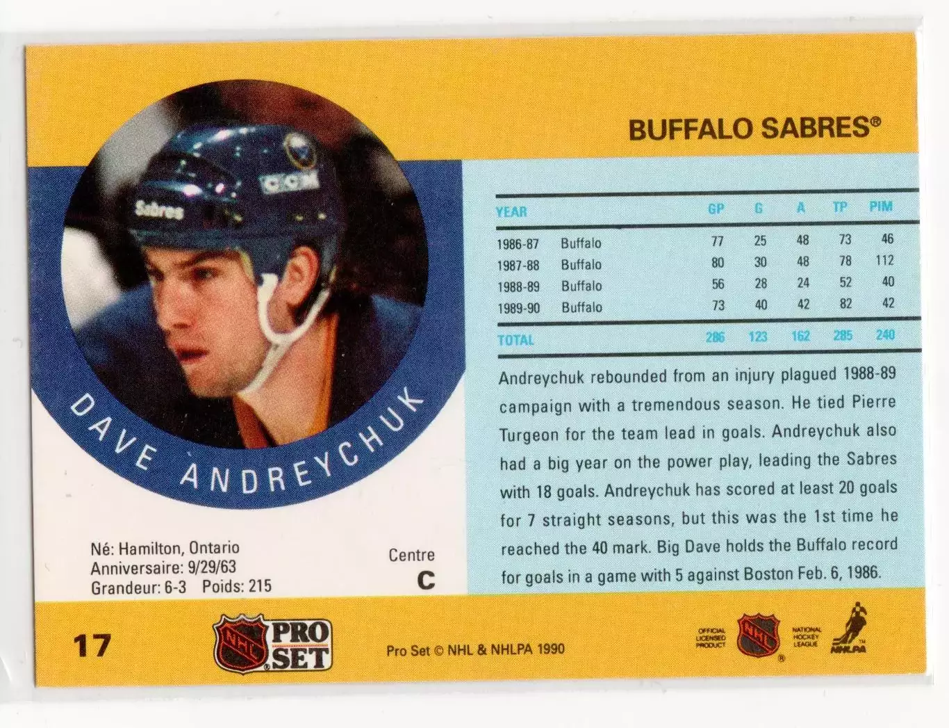 1990-91 Pro Set #17A Dave Andreychuk ERR/(Photo actually Scott/Arniel on back) 1