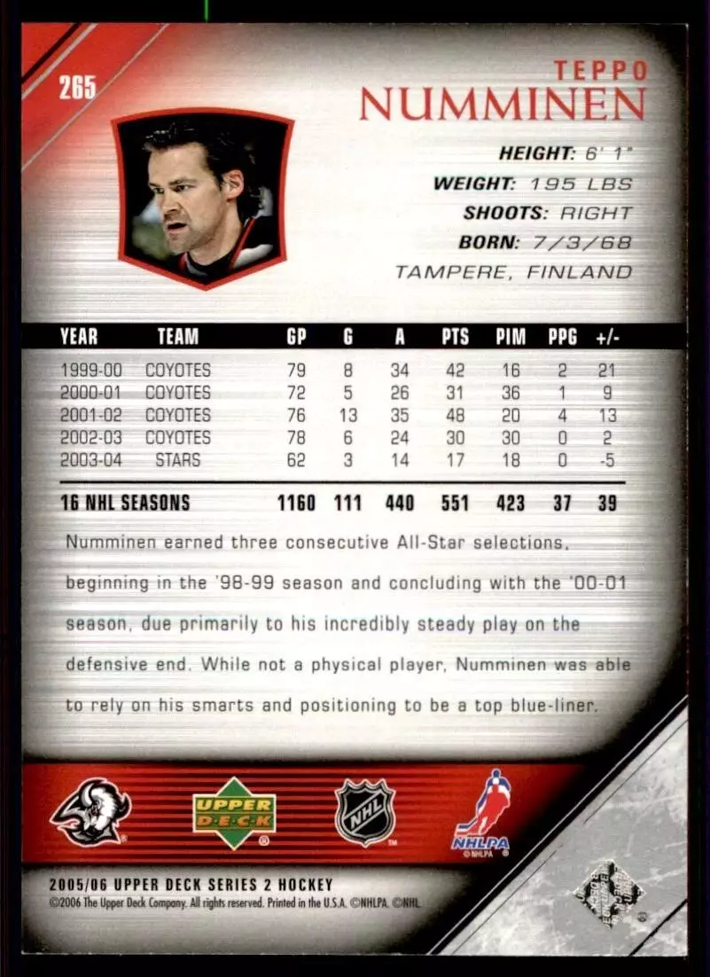 2005-06 Upper Deck #265 Teppo Numminen 1