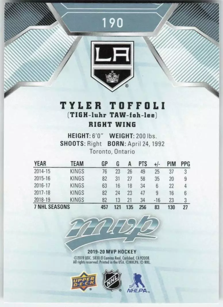 2019-20 Upper Deck MVP #190 Tyler Toffoli 1