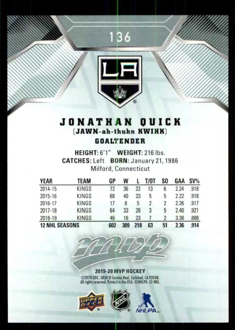 2019-20 Upper Deck MVP #136 Jonathan Quick 1