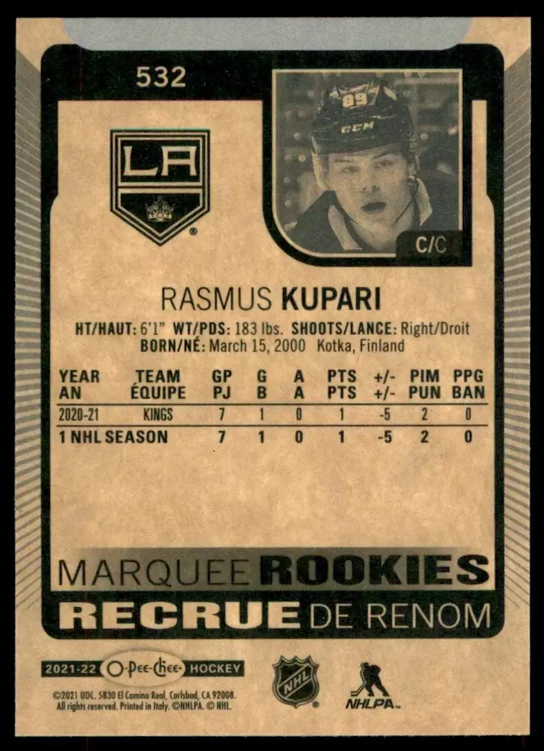 2021-22 O-Pee-Chee #532 Rasmus Kupari RC 1