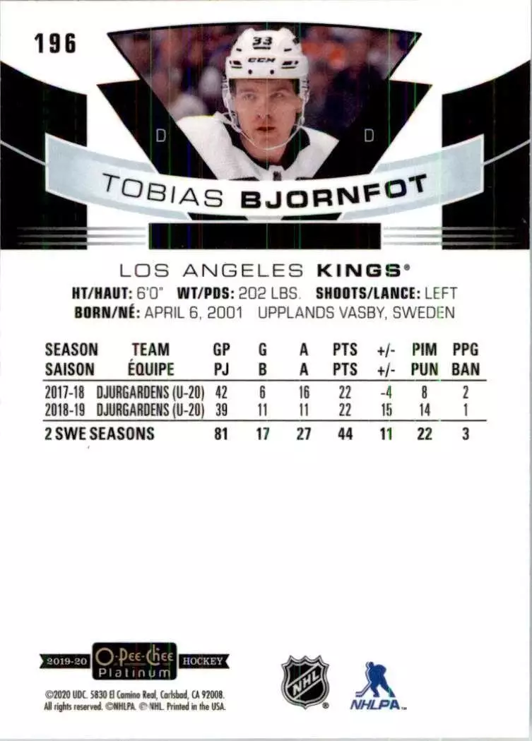 2019-20 O-Pee-Chee Platinum #196 Tobias Bjornfot RC 1