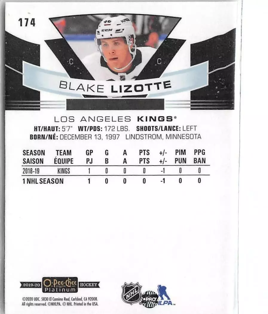 2019-20 O-Pee-Chee Platinum #174 Blake Lizotte RC 1