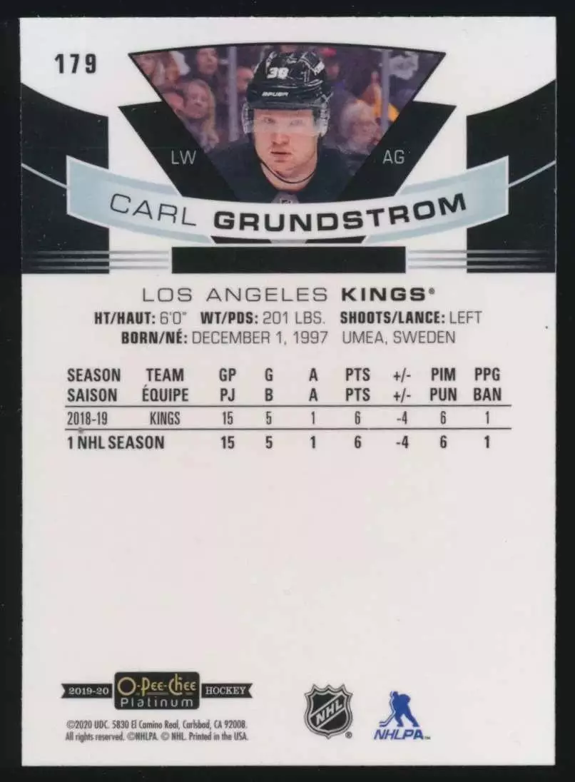 2019-20 O-Pee-Chee Platinum #179 Carl Grundstrom RC 1