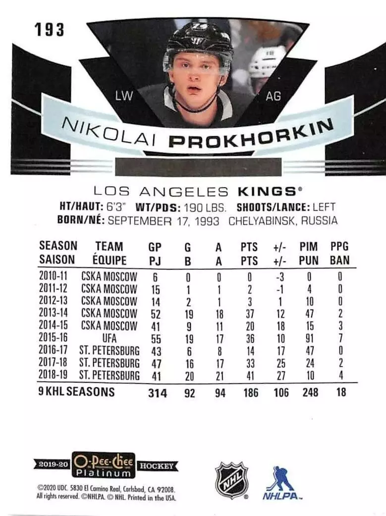2019-20 O-Pee-Chee Platinum #193 Nikolai Prokhorkin RC 1