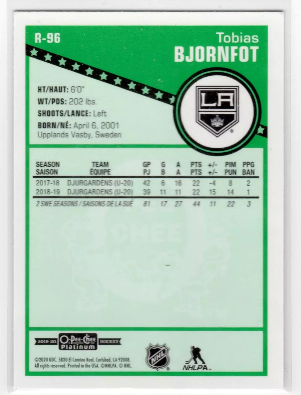 2019-20 O-Pee-Chee Platinum Retro #R96 Tobias Bjornfot 1