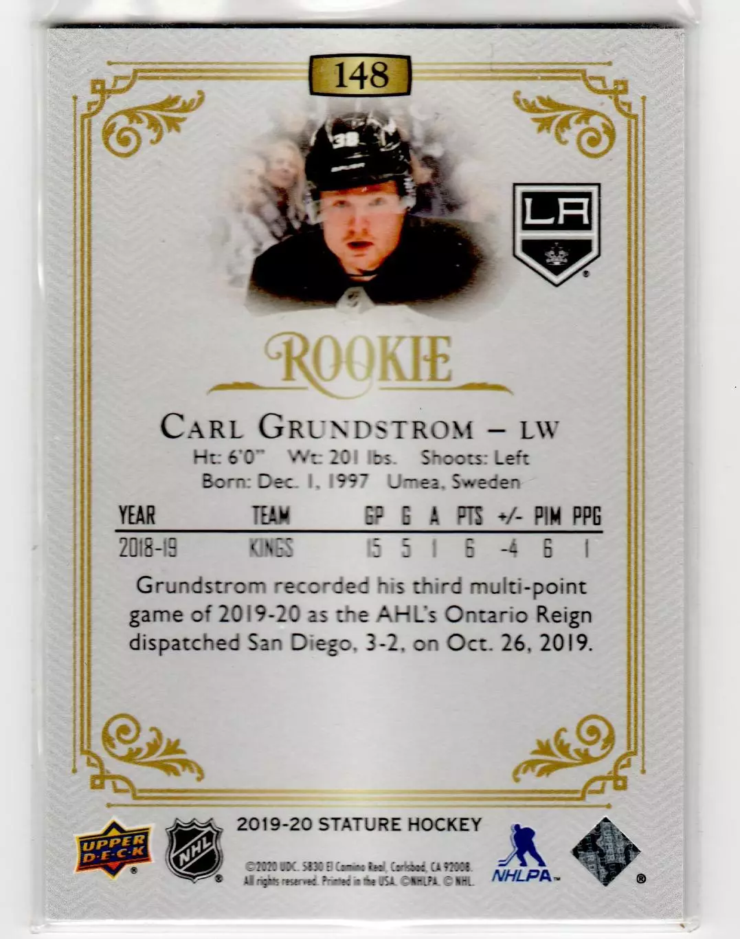 2019-20 Upper Deck Stature #148 Carl Grundstrom RC 364\399 1