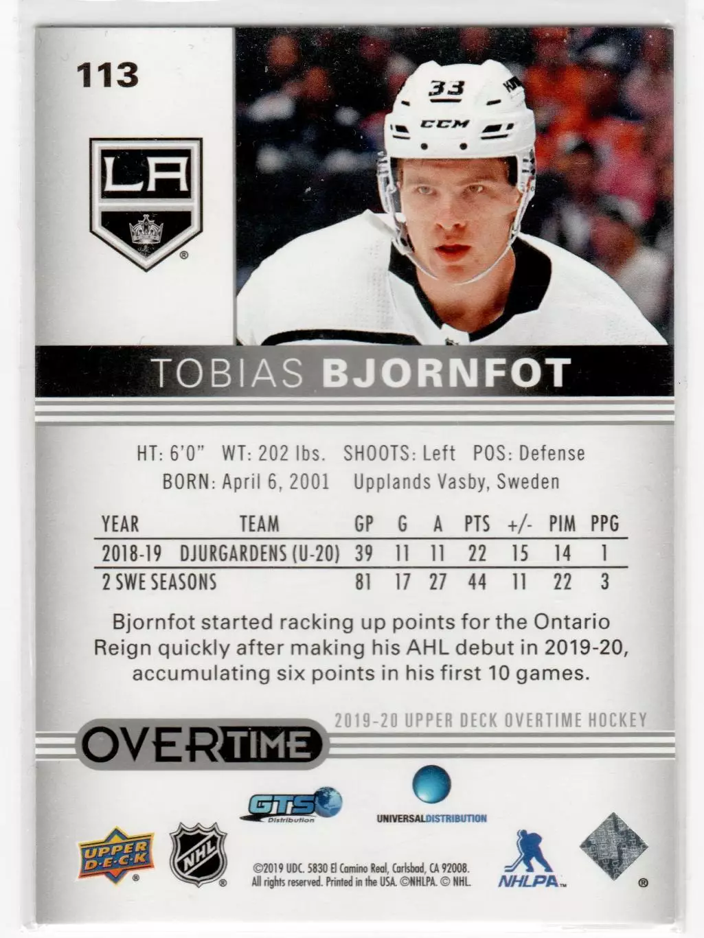2019-20 Upper Deck Overtime #113 Tobias Bjornfot RC 1
