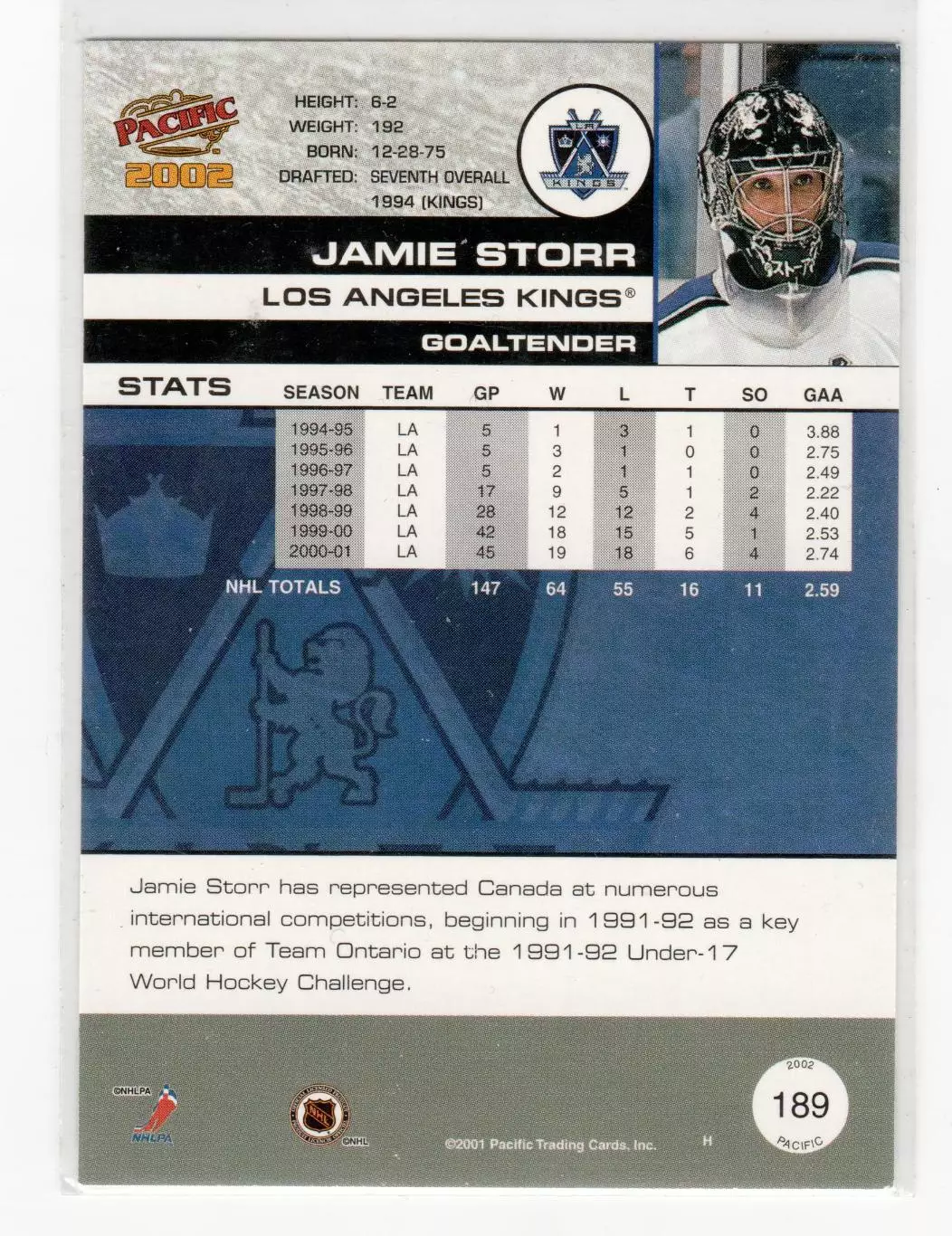 2001-02 Pacific #189 Jamie Storr 1