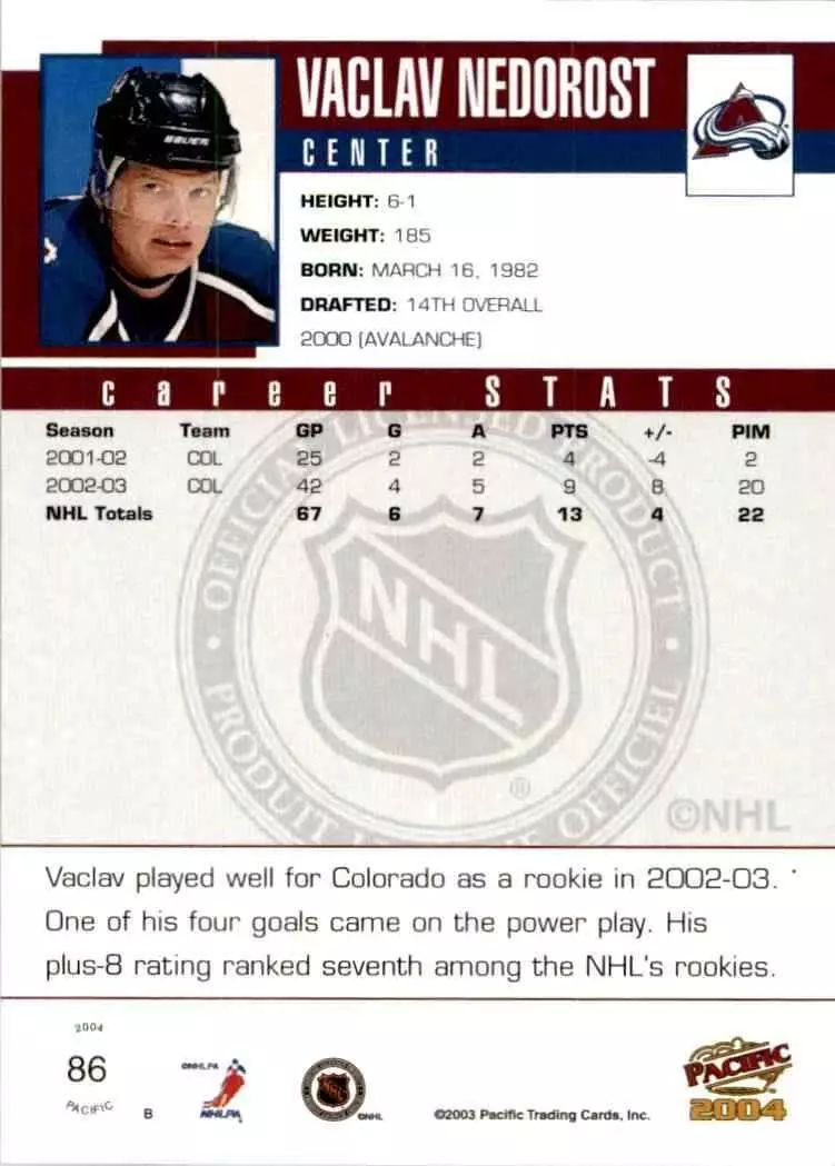 2003-04 Pacific #86 Vaclav Nedorost 1