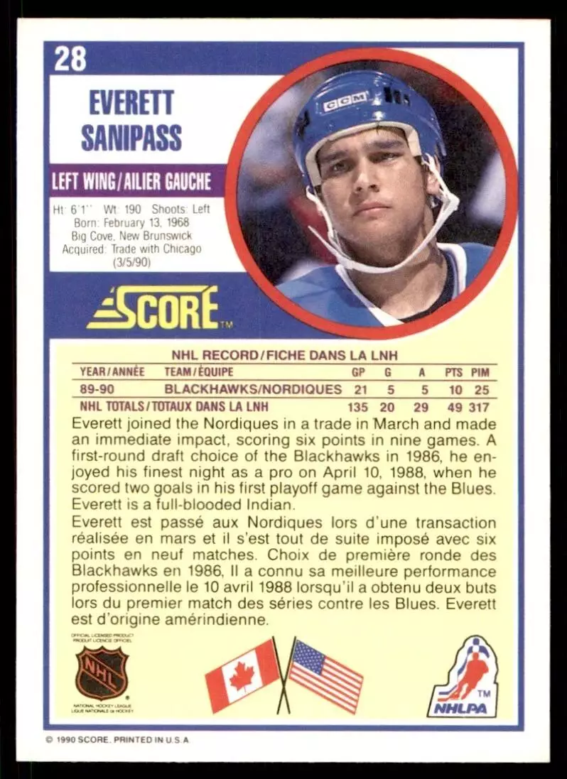 1990-91 Score #28 Everett Sanipass RC 1