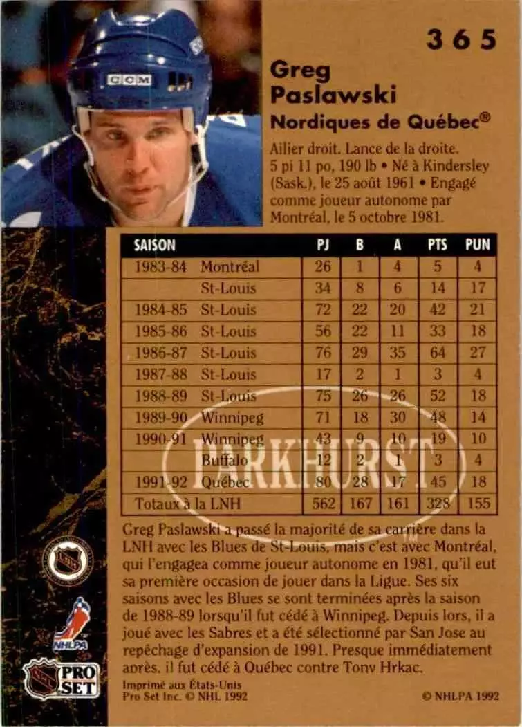1991-92 Parkhurst #365 Greg Paslawski 1