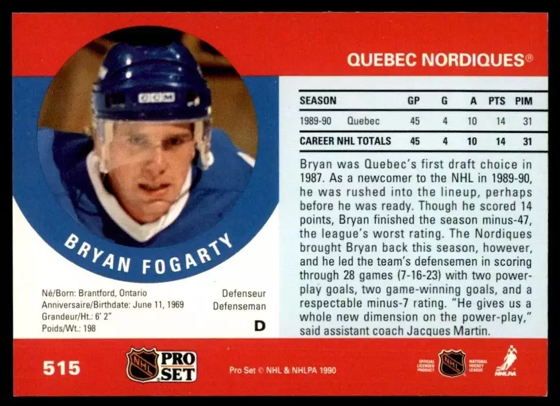 1990-91 Pro Set #515 Bryan Fogarty RC 1