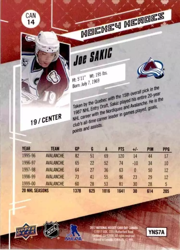 2016-17 Upper Deck National Hockey Card Day Canada #CAN14 Joe Sakic 1