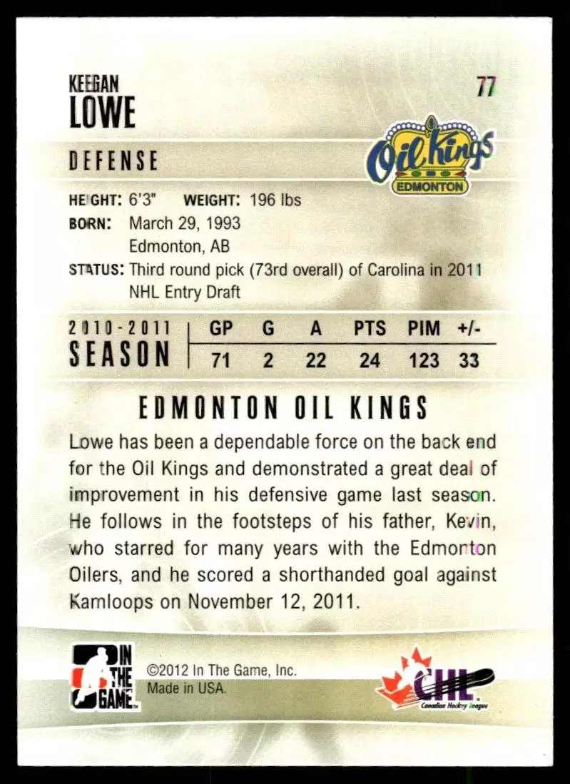 2011-12 ITG Heroes and Prospects #77 Keegan Lowe CP 1