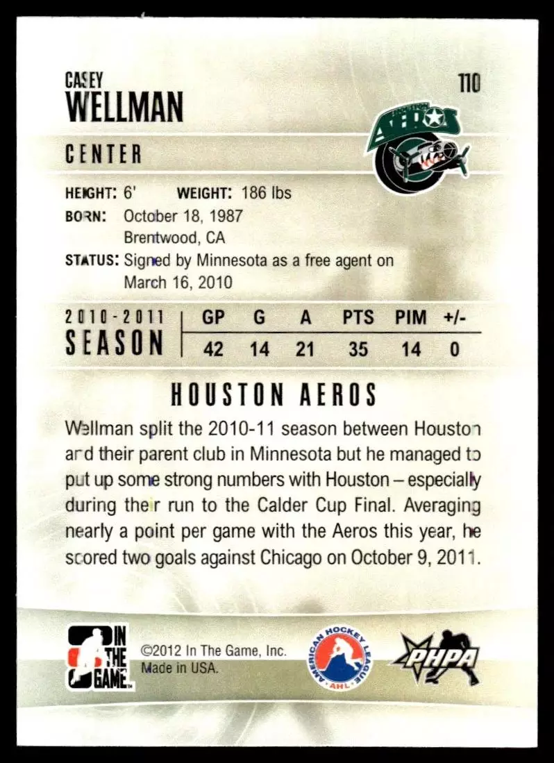 2011-12 ITG Heroes and Prospects #110 Casey Wellman AP 1