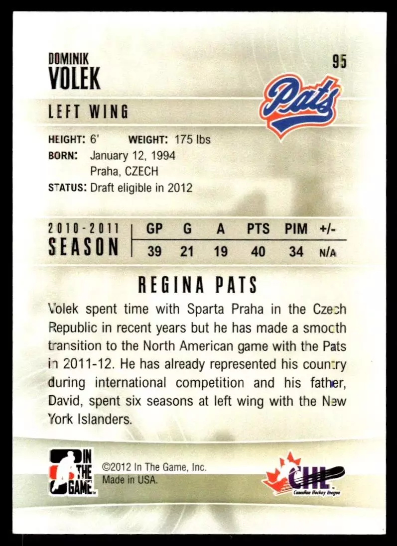 2011-12 ITG Heroes and Prospects #95 Dominik Volek CR 1