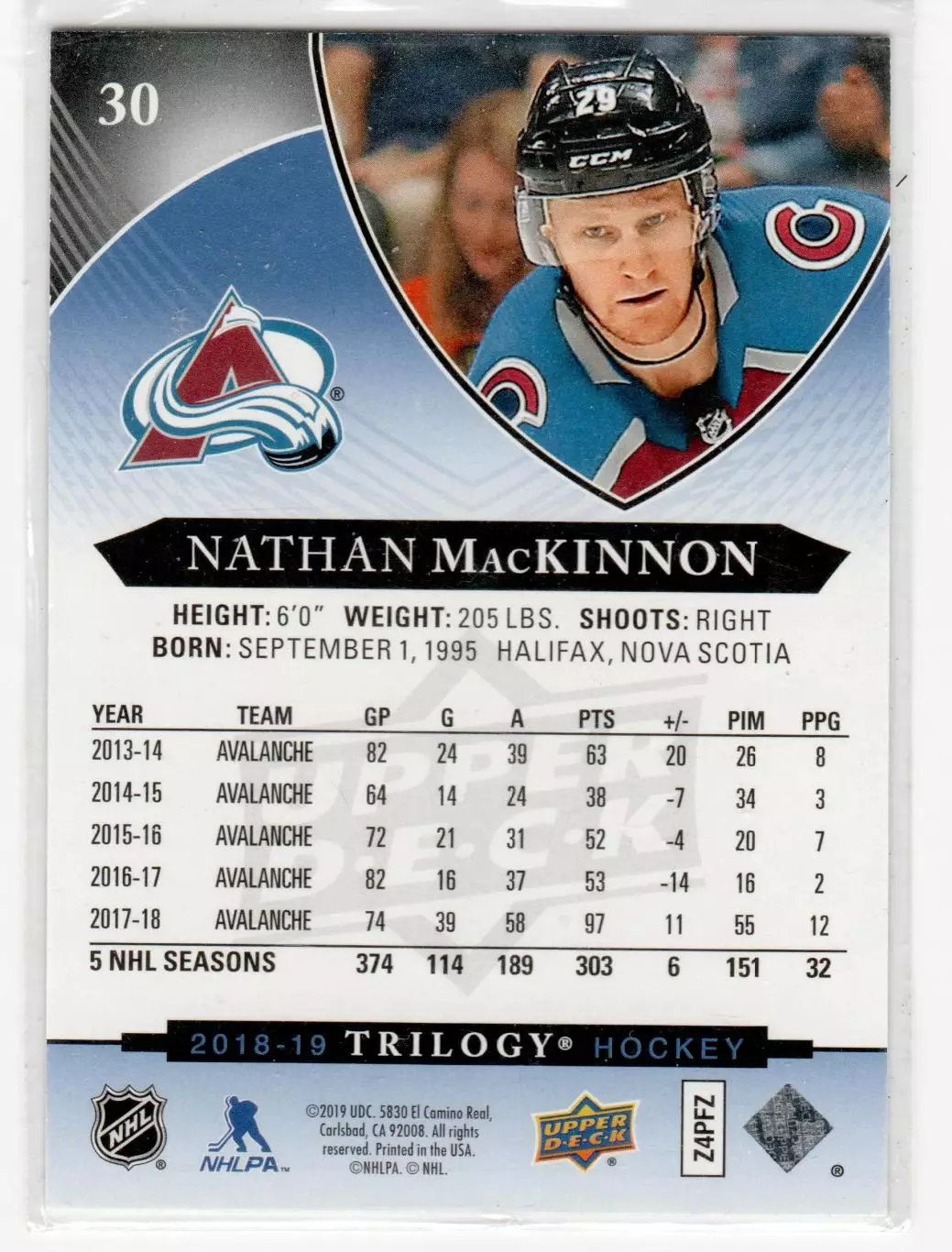 2018-19 Upper Deck Trilogy Blue #30 Nathan MacKinnon 286\799 1