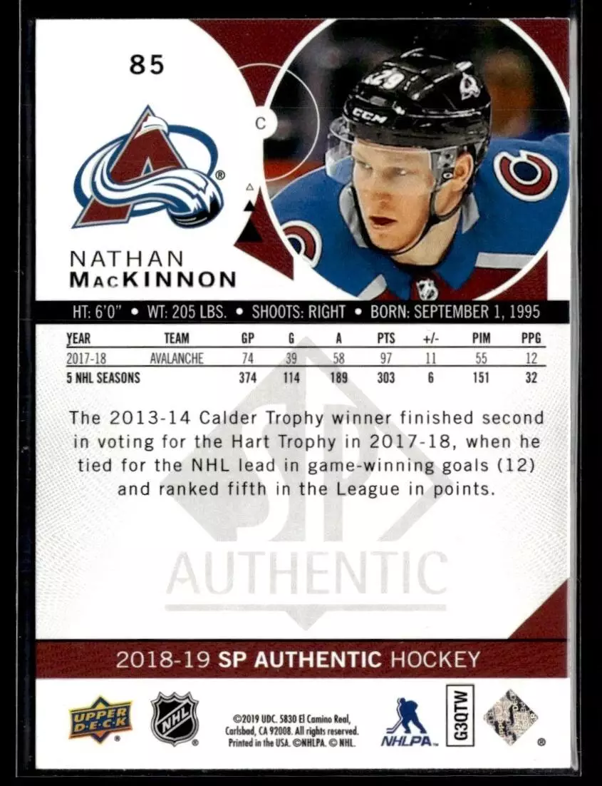 2018-19 SP Authentic #85 Nathan MacKinnon 1