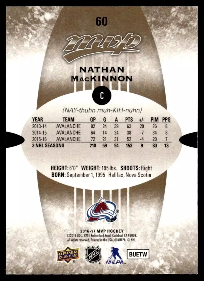 2016-17 Upper Deck MVP #60 Nathan MacKinnon 1