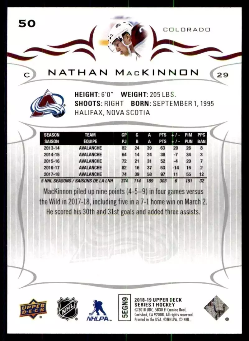 2018-19 Upper Deck #50 Nathan MacKinnon 1